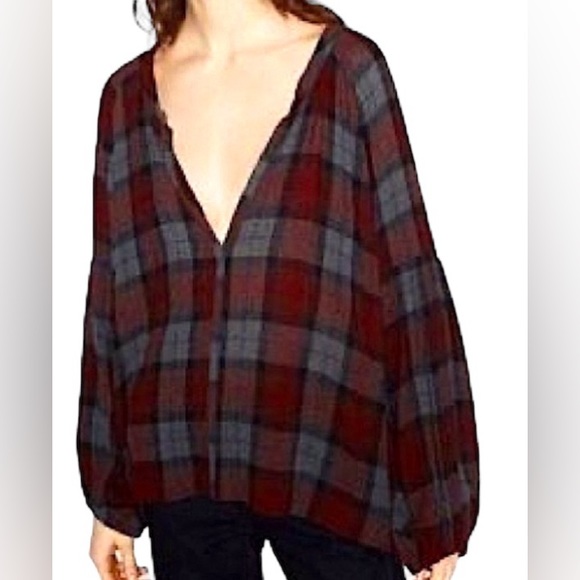Zara Tops - Zara Plaid Wool Long Sleeve V-Neck Top Size XS